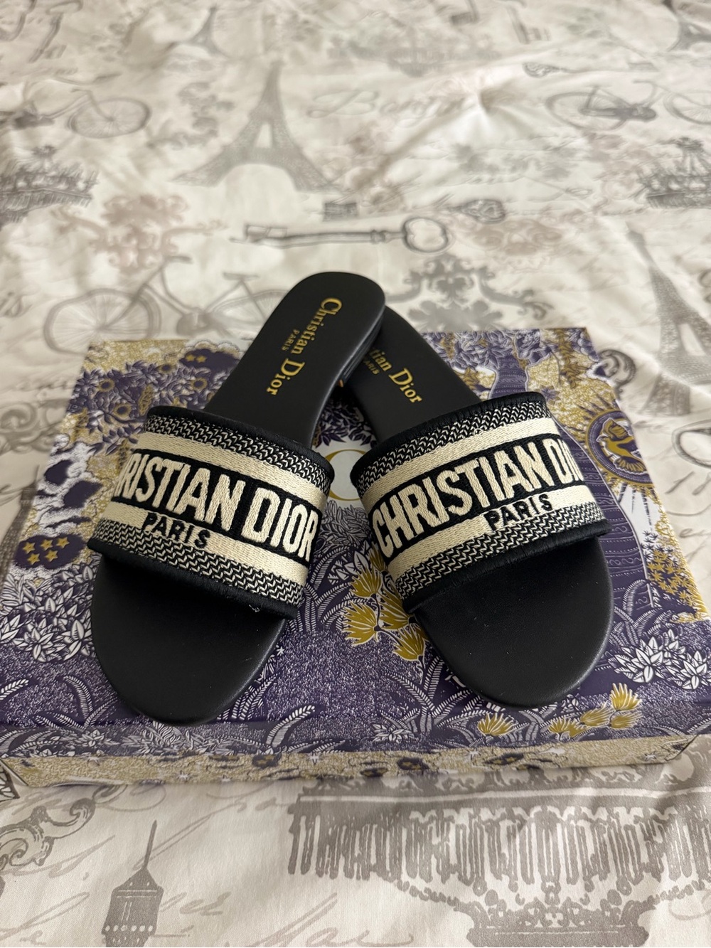 Dior Black and Cream Christian Dior Paris Logo Slide Sandals